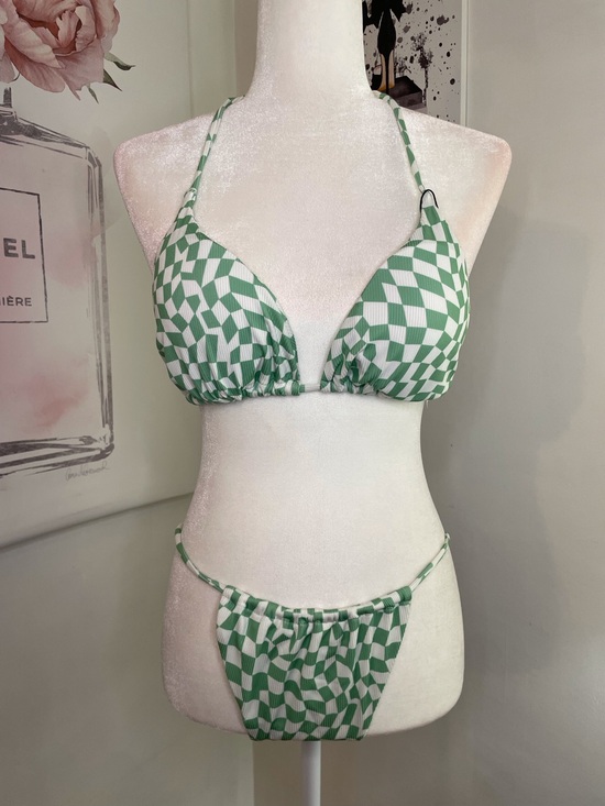 Zaful Other - Zaful String Bikini Green & White Checkered Size 8